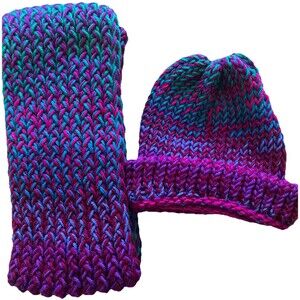 Handmade colorful loom knitted beanie hat and scarf set for adults